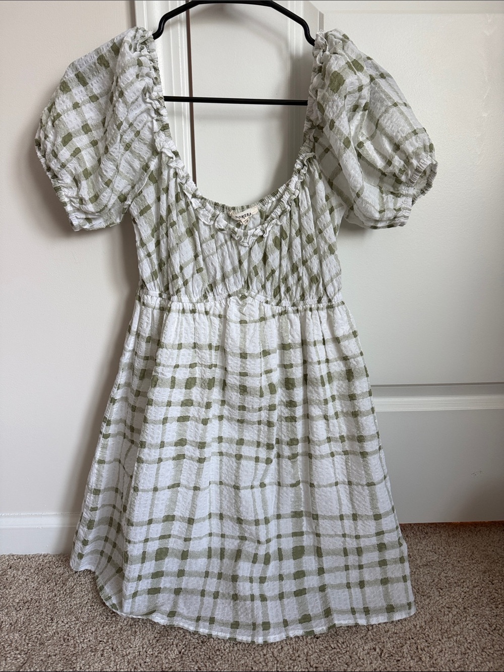 White & Olive Plaid Puff-Sleeve Dress